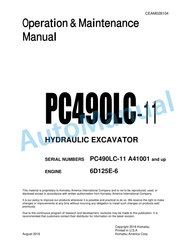 Komatsu PC490LC-10 Hydraulic Excavator Operation and Maintenance Manual CEAM028104