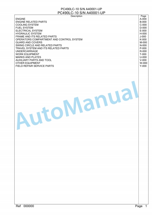 Komatsu PC490LC-10 Hydraulic Excavator Parts Manual A40001