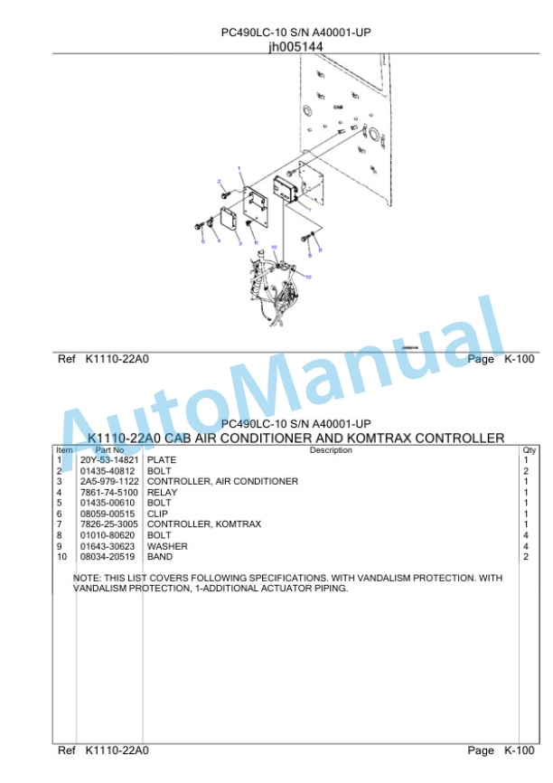 Komatsu PC490LC-10 Hydraulic Excavator Parts Manual A40001-4