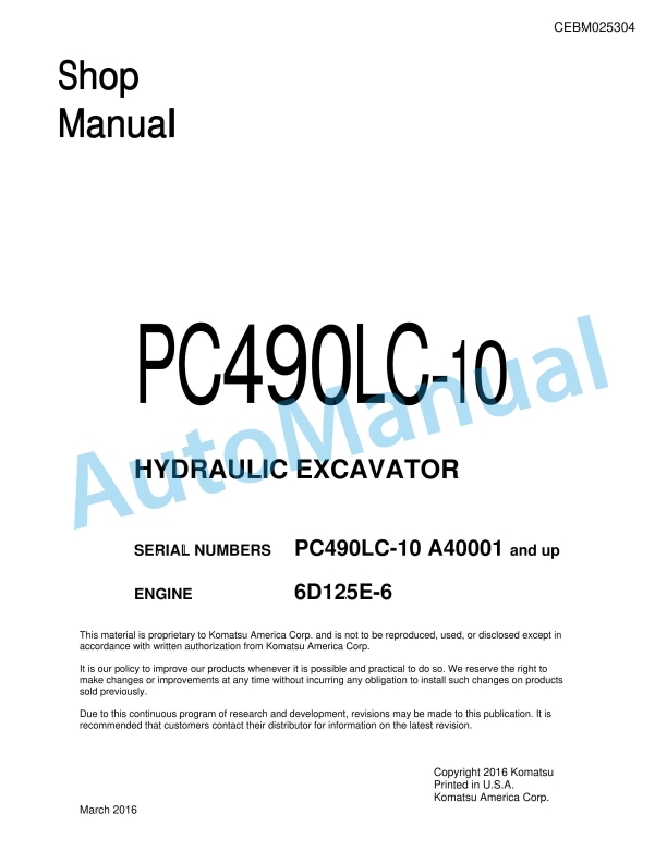 Komatsu PC490LC-10 Hydraulic Excavator Shop Manual CEBM025304