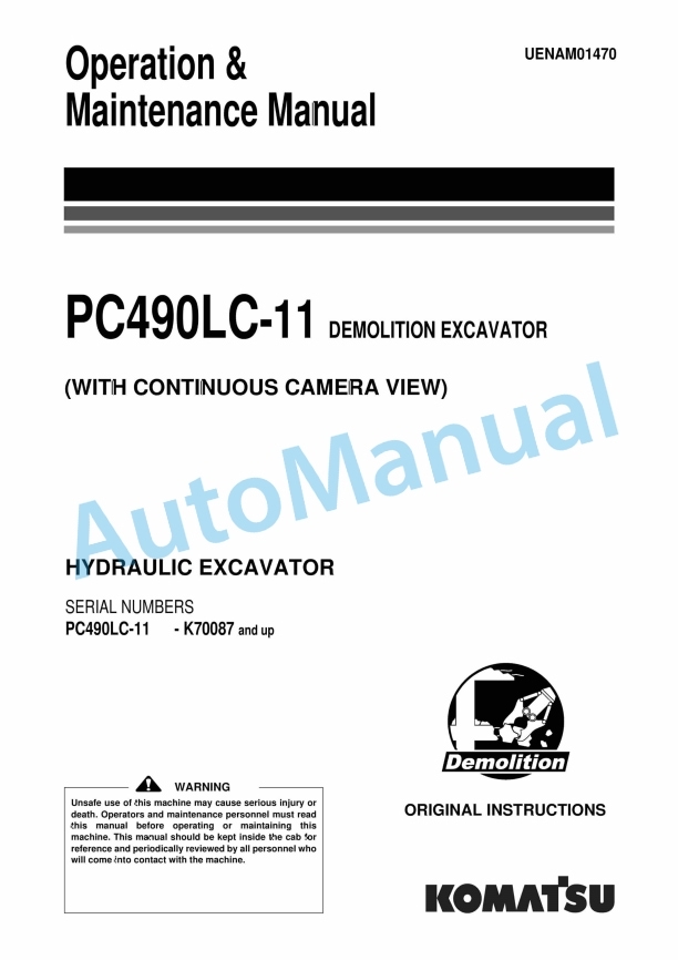 Komatsu PC490LC-11 Demolition Hydraulic Excavator Operation and Maintenance Manual UENAM01470