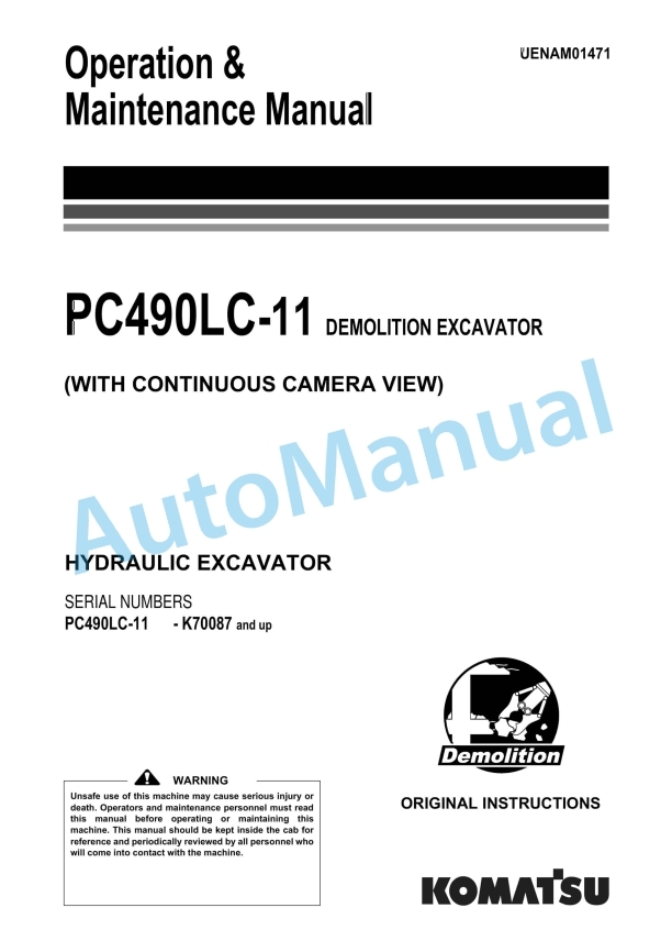 Komatsu PC490LC-11 Demolition Hydraulic Excavator Operation and Maintenance Manual UENAM01471