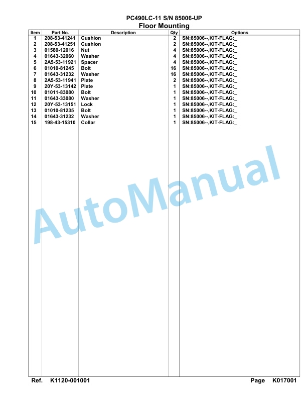 Komatsu PC490LC-11 Hydraulic Excavator Parts Manual 85006-UP-4