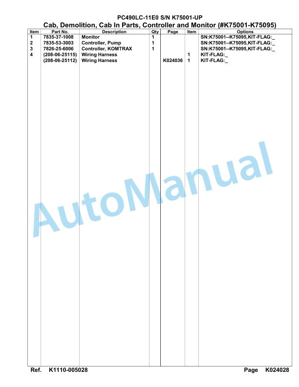 Komatsu PC490LC-11E0 Hydraulic Excavator Parts Manual PC00058U-4