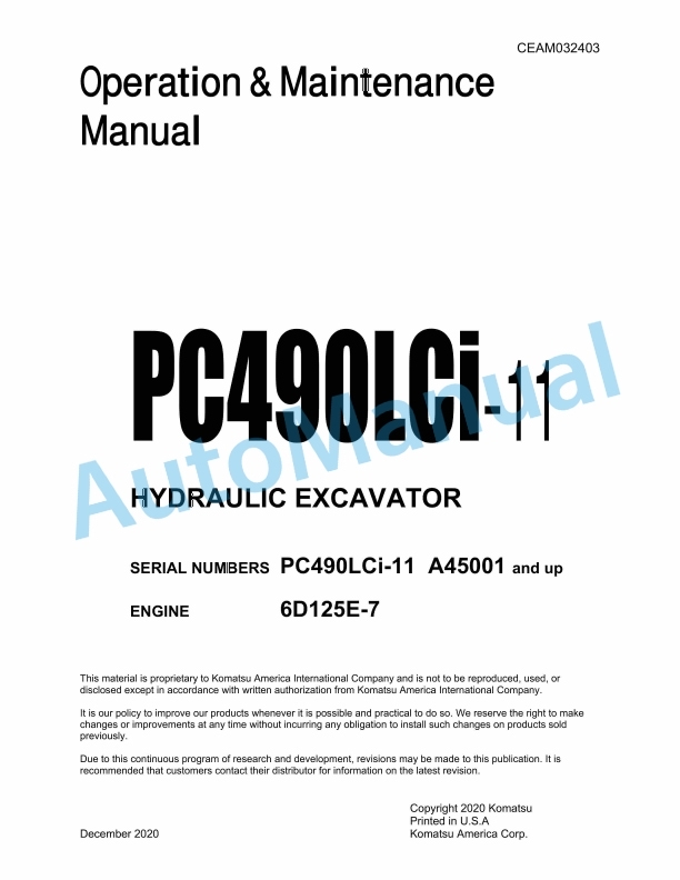 Komatsu PC490LCi-11 Hydraulic Excavator Operation and Maintenance Manual CEAM032403