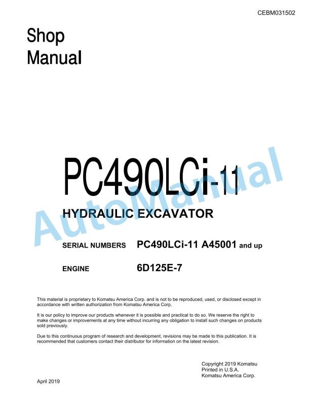Komatsu PC490LCi-11 Hydraulic Excavator Shop Manual CEBM031502