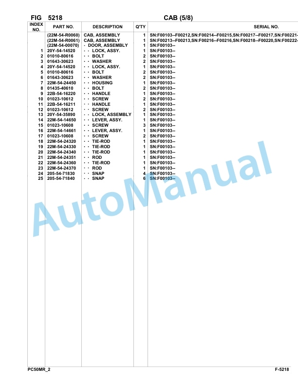 Komatsu PC50MR-2 Hydraulic Excavator Parts Manual F00103-UP-3