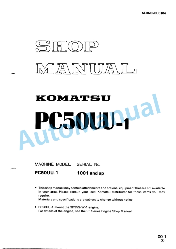 Komatsu PC50UU-1 Hydraulic Excavator Shop Manual SEBM020U0104