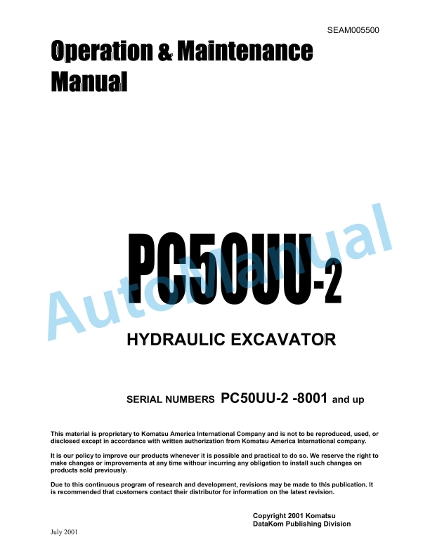Komatsu PC50UU-2 Hydraulic Excavator Operation and Maintenance Manual SEAM005500