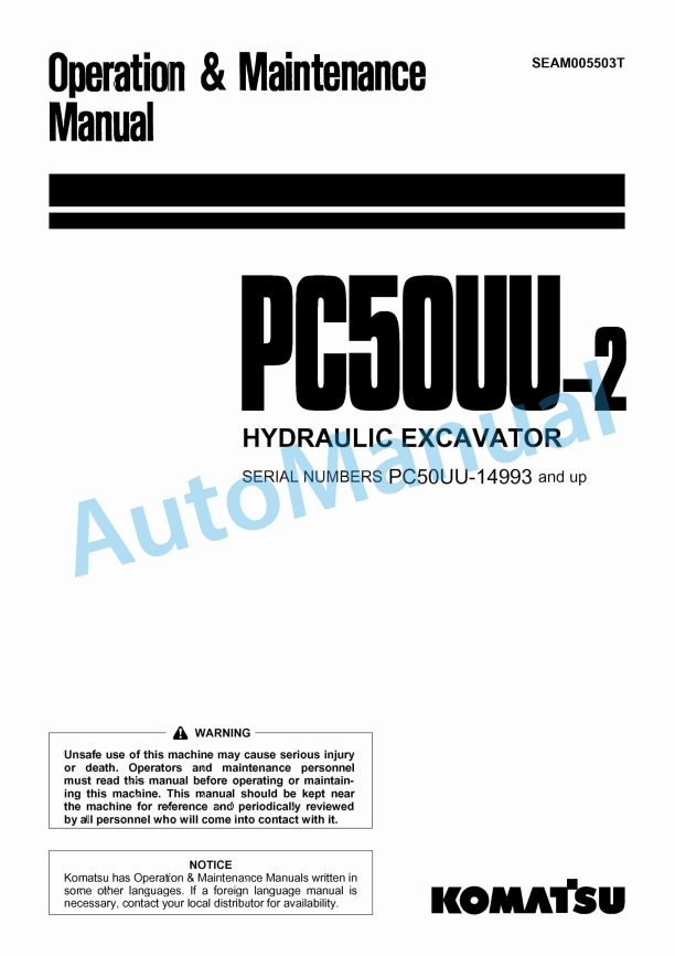 Komatsu PC50UU-2 Hydraulic Excavator Operation and Maintenance Manual SEAM005503T