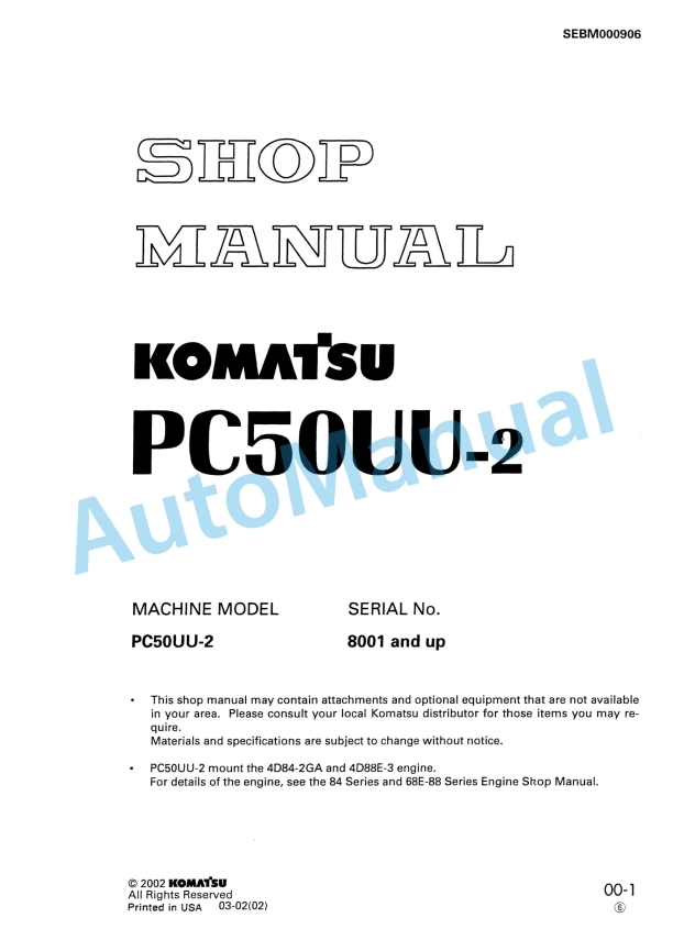 Komatsu PC50UU-2 Hydraulic Excavator Shop Manual SEBM000906