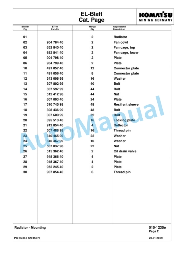 Komatsu PC5500-6 Diesel Hydraulic Excavator Parts Manual G15076-2