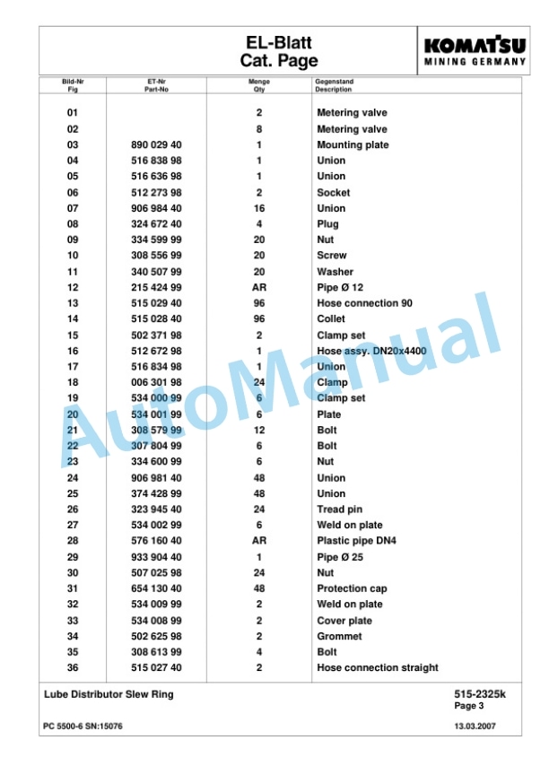 Komatsu PC5500-6 Diesel Hydraulic Excavator Parts Manual G15076-4