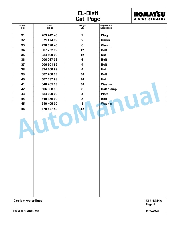Komatsu PC5500-6 Hydraulic Excavator Parts Manual G15013-2