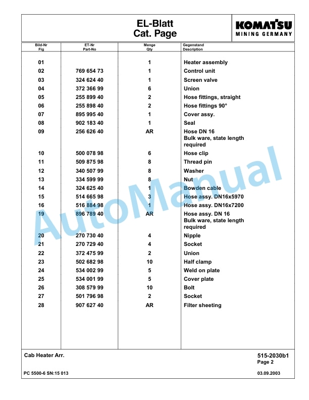 Komatsu PC5500-6 Hydraulic Excavator Parts Manual G15013-3
