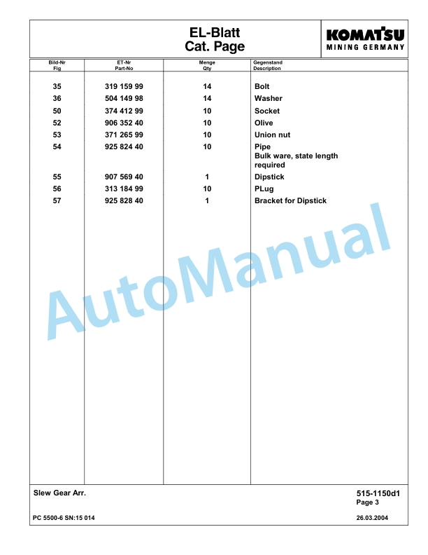 Komatsu PC5500-6 Hydraulic Excavator Parts Manual G15014-2