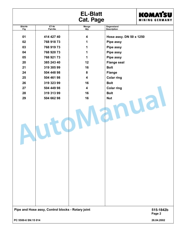 Komatsu PC5500-6 Hydraulic Excavator Parts Manual G15014-3