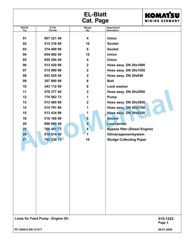 Komatsu PC5500-6 Hydraulic Excavator Parts Manual G15017-2