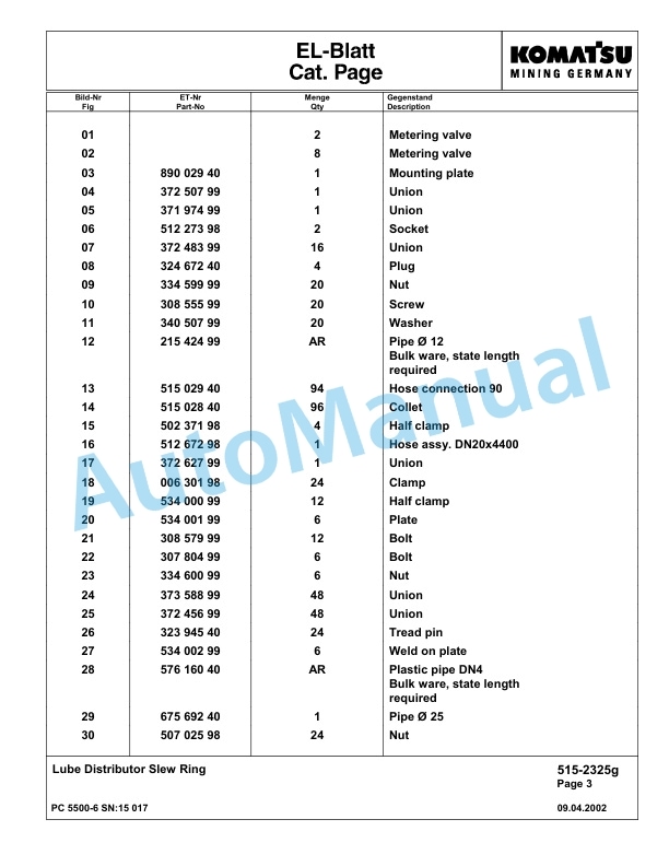 Komatsu PC5500-6 Hydraulic Excavator Parts Manual G15017-4