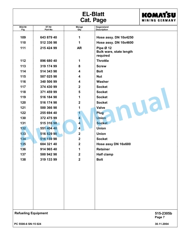 Komatsu PC5500-6 Hydraulic Excavator Parts Manual G15024-4