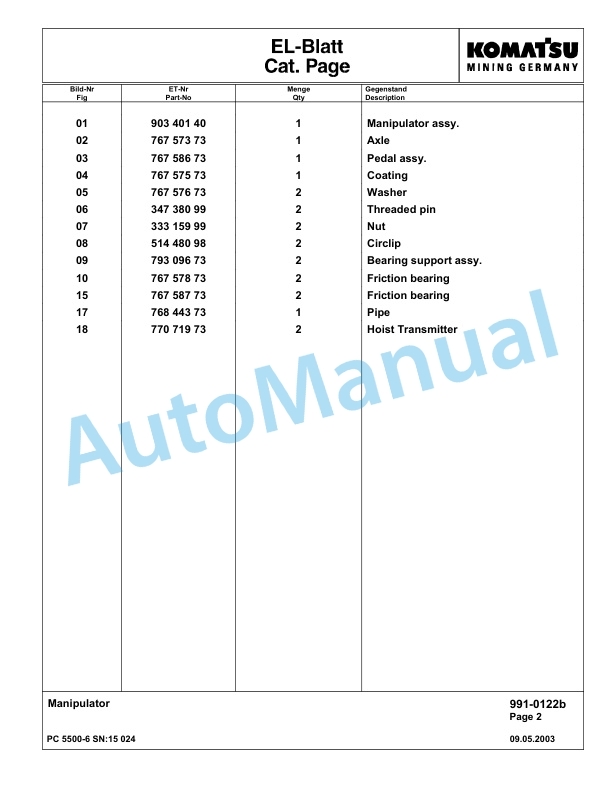Komatsu PC5500-6 Hydraulic Excavator Parts Manual G15024-5