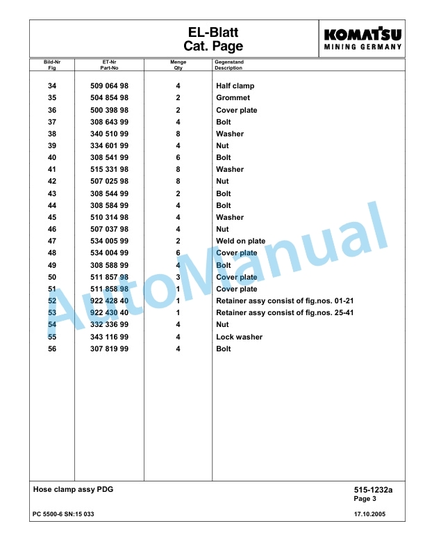 Komatsu PC5500-6 Hydraulic Excavator Parts Manual G15033-2
