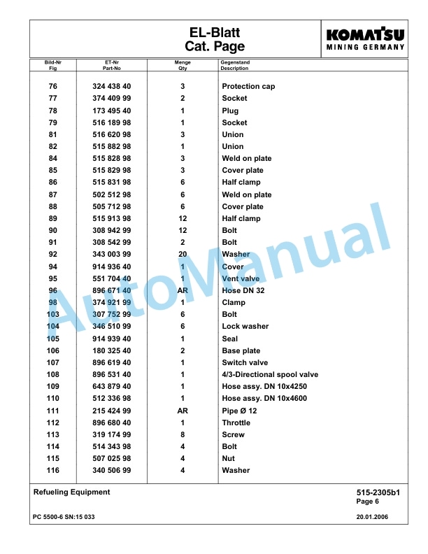 Komatsu PC5500-6 Hydraulic Excavator Parts Manual G15033-4