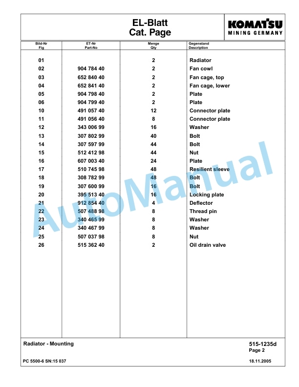 Komatsu PC5500-6 Hydraulic Excavator Parts Manual G15037-2