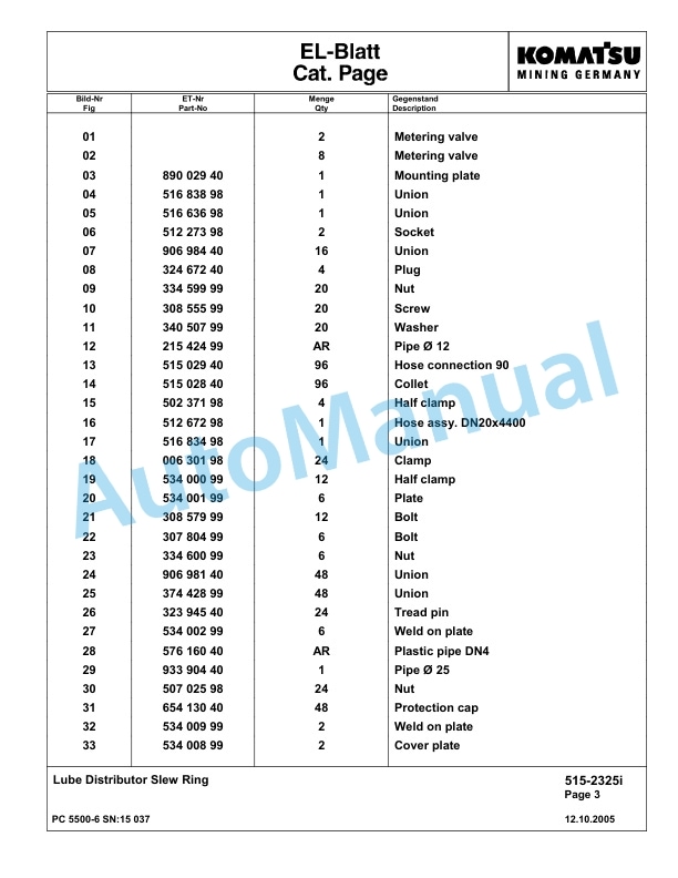 Komatsu PC5500-6 Hydraulic Excavator Parts Manual G15037-4