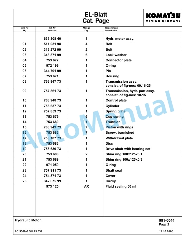 Komatsu PC5500-6 Hydraulic Excavator Parts Manual G15037-5