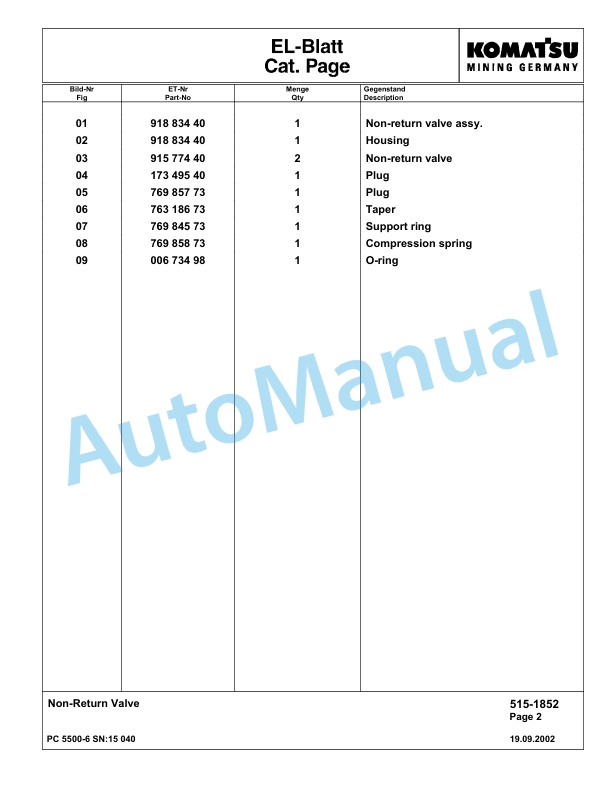 Komatsu PC5500-6 Hydraulic Excavator Parts Manual G15040-3