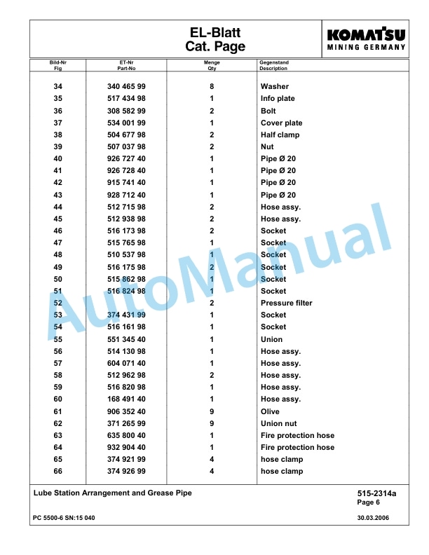 Komatsu PC5500-6 Hydraulic Excavator Parts Manual G15040-4