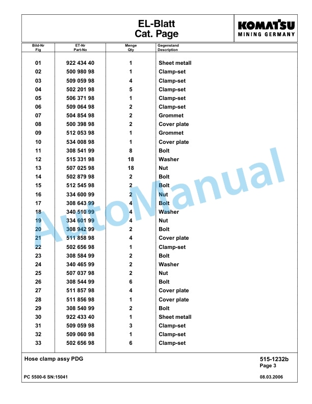 Komatsu PC5500-6 Hydraulic Excavator Parts Manual G15041-2