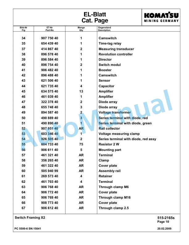 Komatsu PC5500-6 Hydraulic Excavator Parts Manual G15041-4