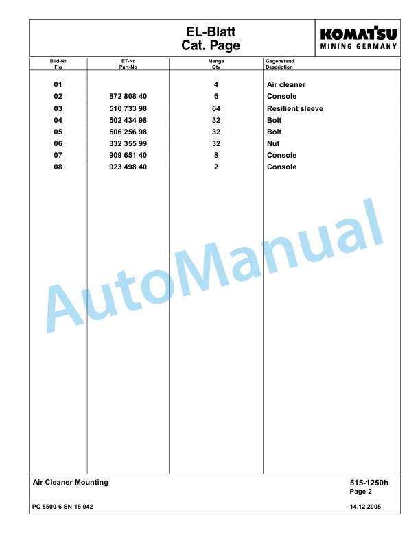 Komatsu PC5500-6 Hydraulic Excavator Parts Manual G15042-2