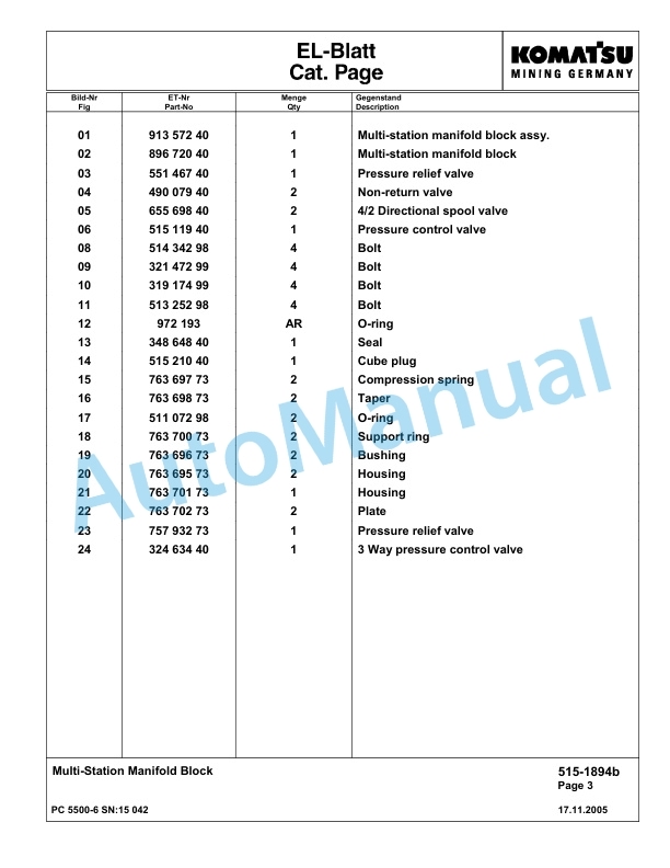 Komatsu PC5500-6 Hydraulic Excavator Parts Manual G15042-3
