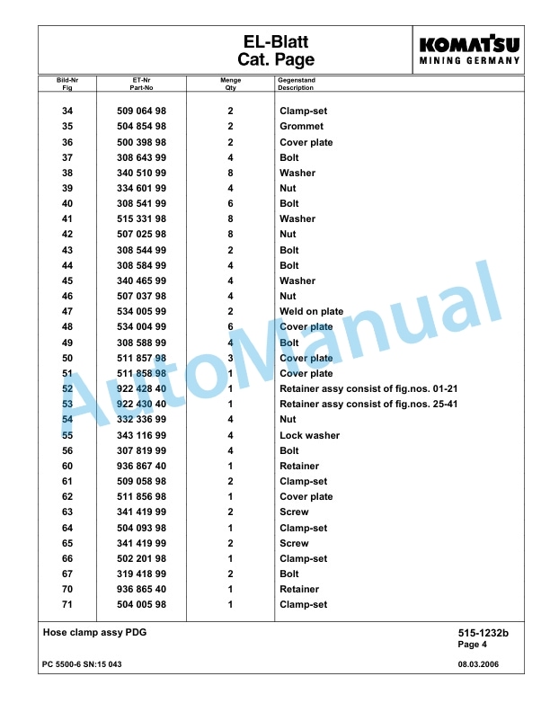 Komatsu PC5500-6 Hydraulic Excavator Parts Manual G15043-2