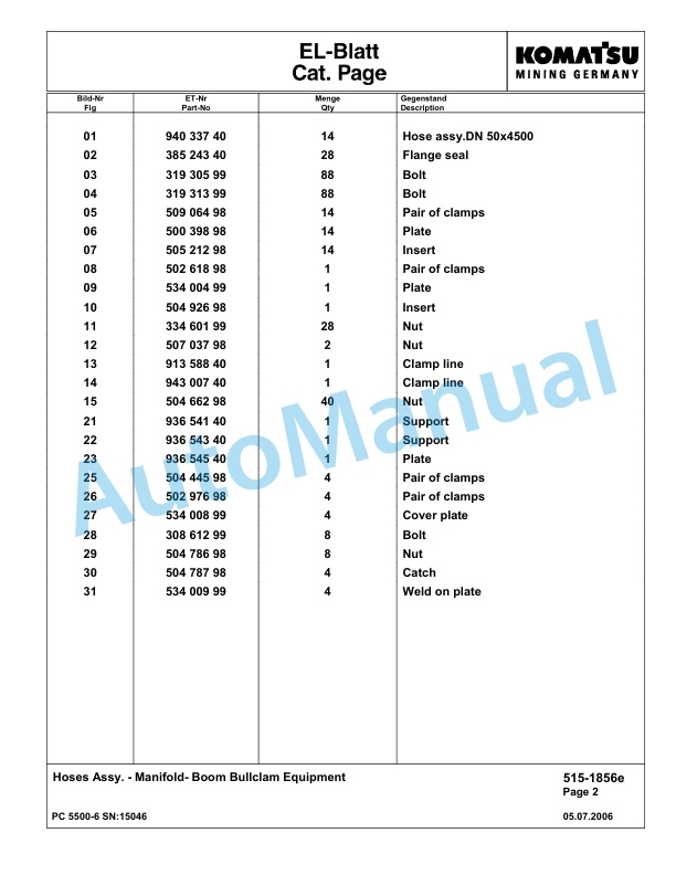Komatsu PC5500-6 Hydraulic Excavator Parts Manual G15046-3