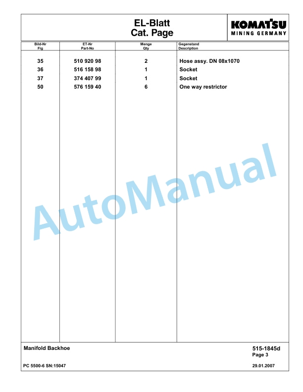 Komatsu PC5500-6 Hydraulic Excavator Parts Manual G15047-3