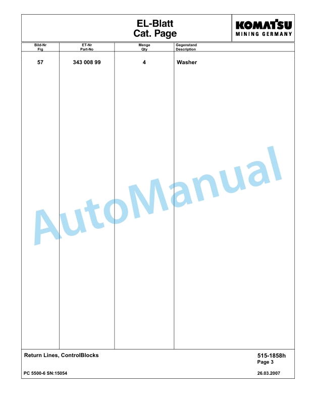 Komatsu PC5500-6 Hydraulic Excavator Parts Manual G15054-3