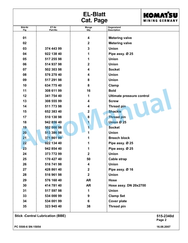 Komatsu PC5500-6 Hydraulic Excavator Parts Manual G15054-4
