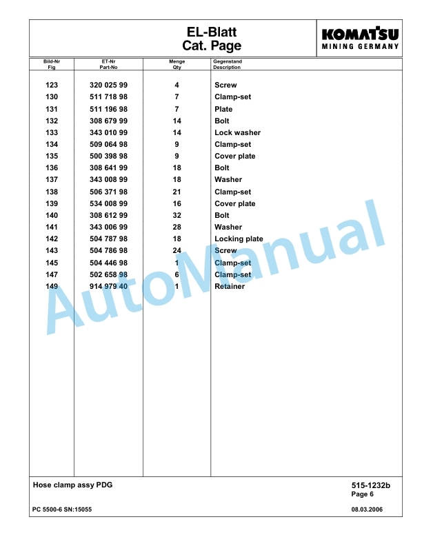Komatsu PC5500-6 Hydraulic Excavator Parts Manual G15055-2