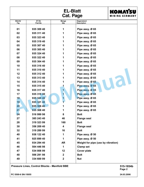 Komatsu PC5500-6 Hydraulic Excavator Parts Manual G15055-3