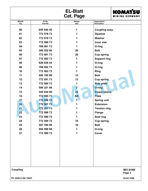 Komatsu PC5500-6 Hydraulic Excavator Parts Manual G15057-5