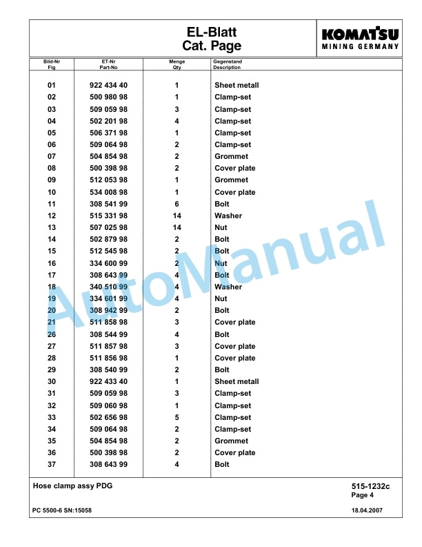 Komatsu PC5500-6 Hydraulic Excavator Parts Manual G15058-2