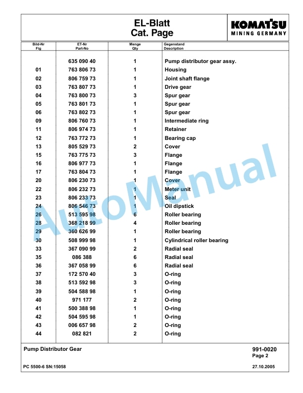 Komatsu PC5500-6 Hydraulic Excavator Parts Manual G15058-5