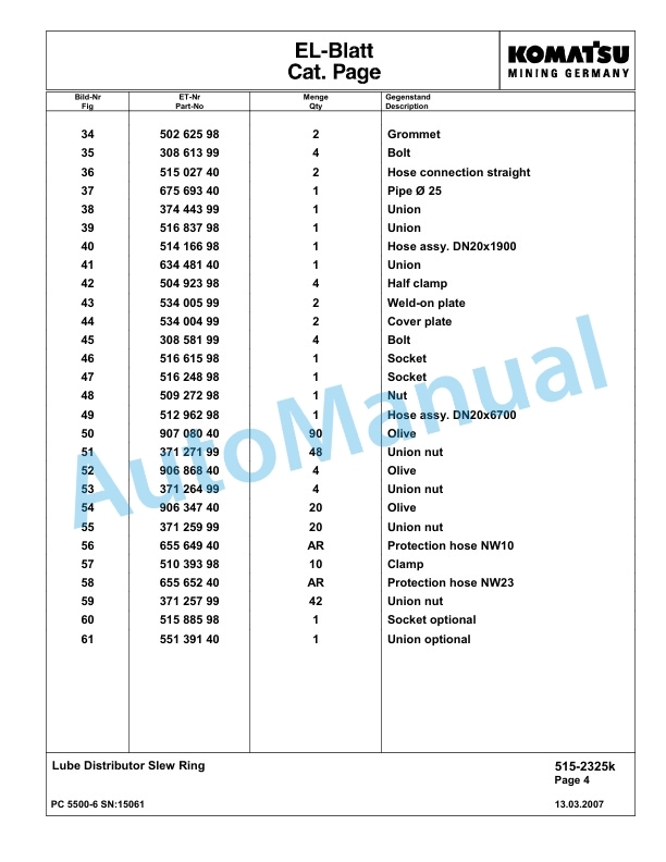 Komatsu PC5500-6 Hydraulic Excavator Parts Manual G15061-4