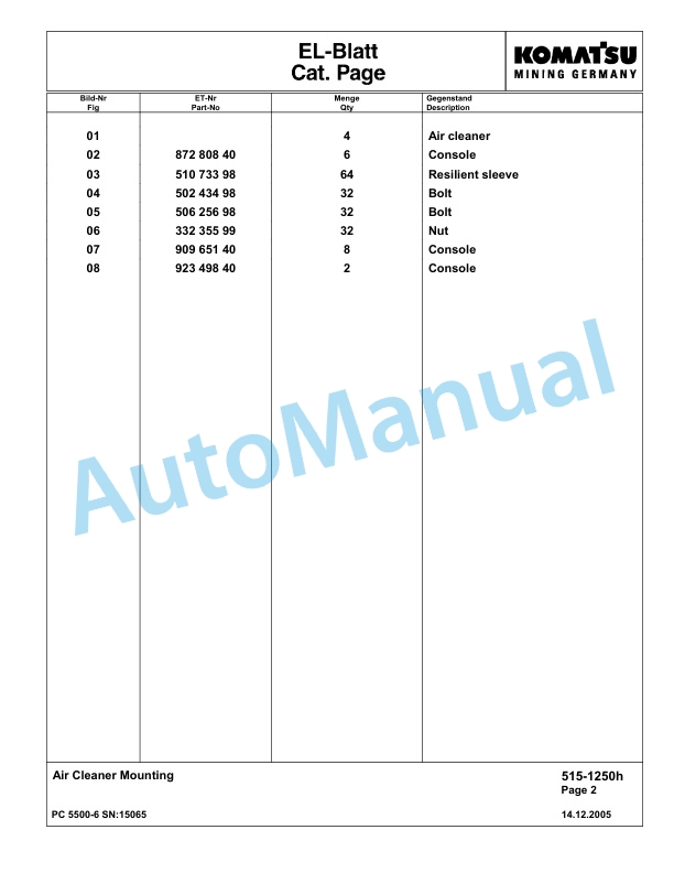 Komatsu PC5500-6 Hydraulic Excavator Parts Manual G15065-2