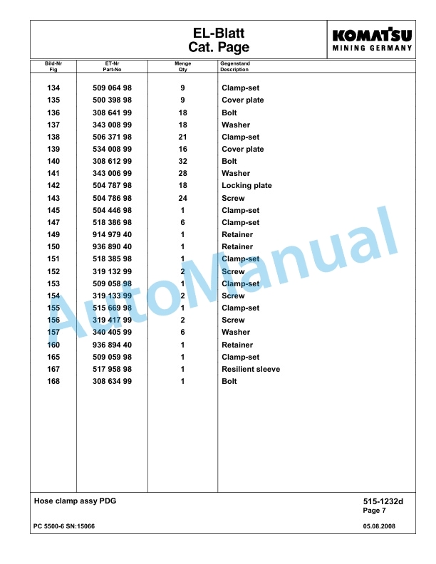 Komatsu PC5500-6 Hydraulic Excavator Parts Manual G15066-2