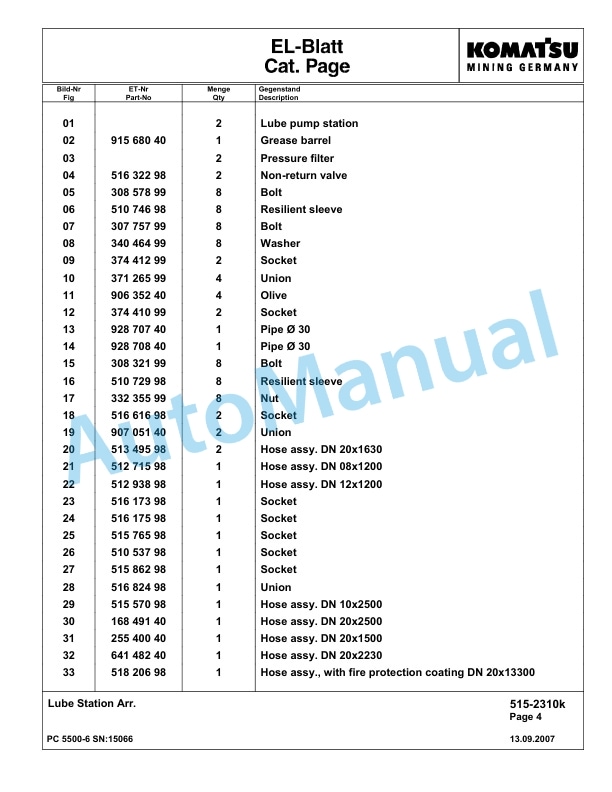 Komatsu PC5500-6 Hydraulic Excavator Parts Manual G15066-4
